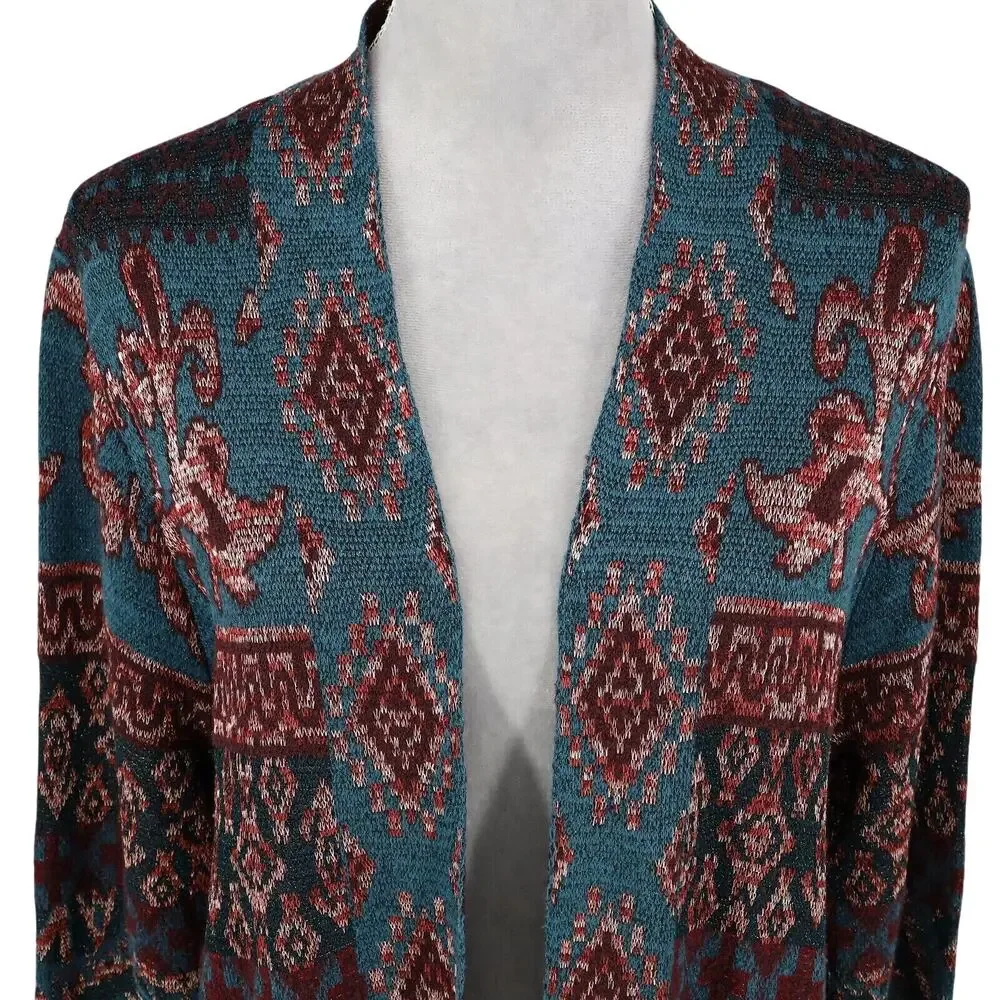 Chicos Sweater 2 Womens Large Green Burgundy Floral Long Cardigan Duster Open